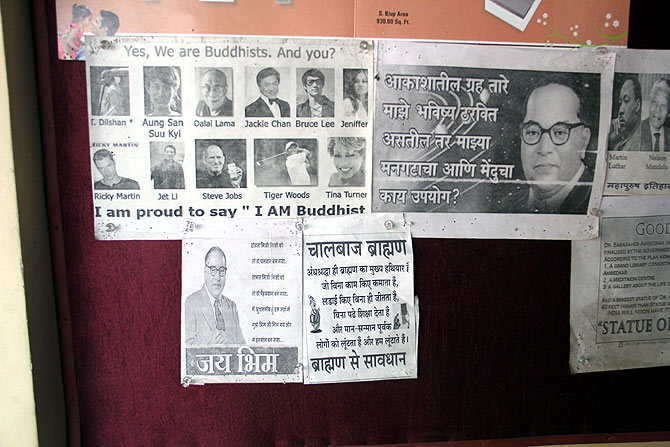 Notices at the Ambedkari Prabhodhan Manch, a gathering place for Buddhist activists in Indora, north Nagpur.