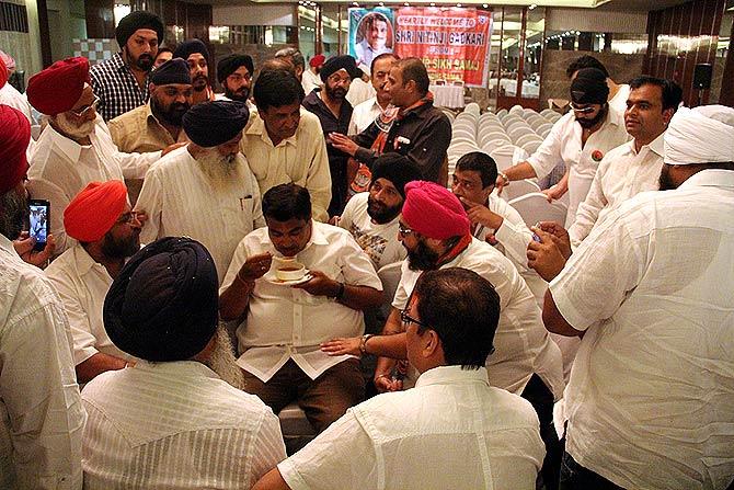 Nitin Gadkari, having soup, the Union minister with seven portfolios. Image: Uttam Ghosh/Rediff.com