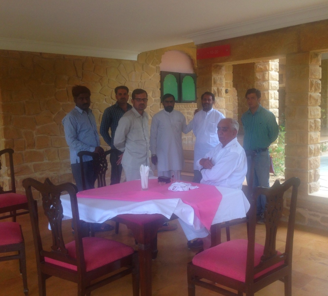 Jaswant Singh with party workers at the Taj Gateway Rawalkot Hotel in Jaisalmer.