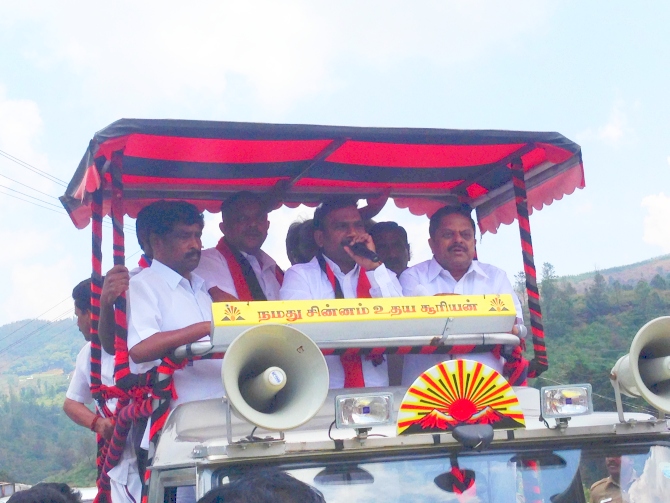 A Raja addresses a gathering of villagers from the campaign vehicle. He must have addressed at least 50 small meetings from the van on Saturday.