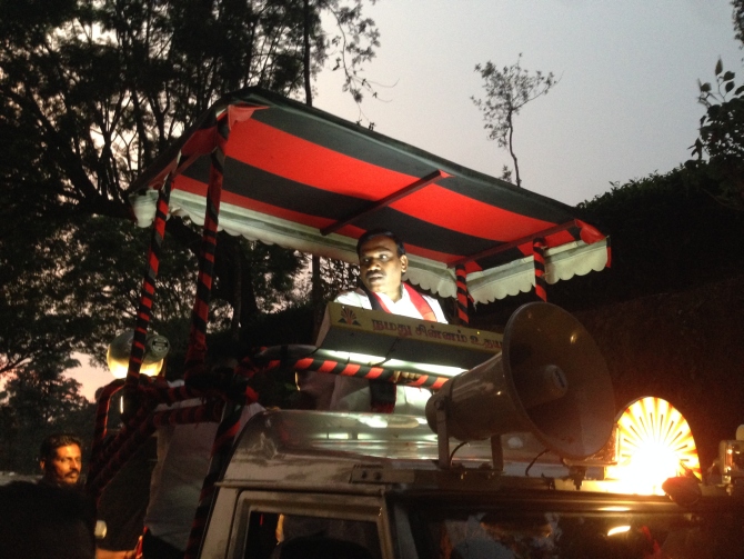 A Raja in his campaign vehicle as the day comes to an end.