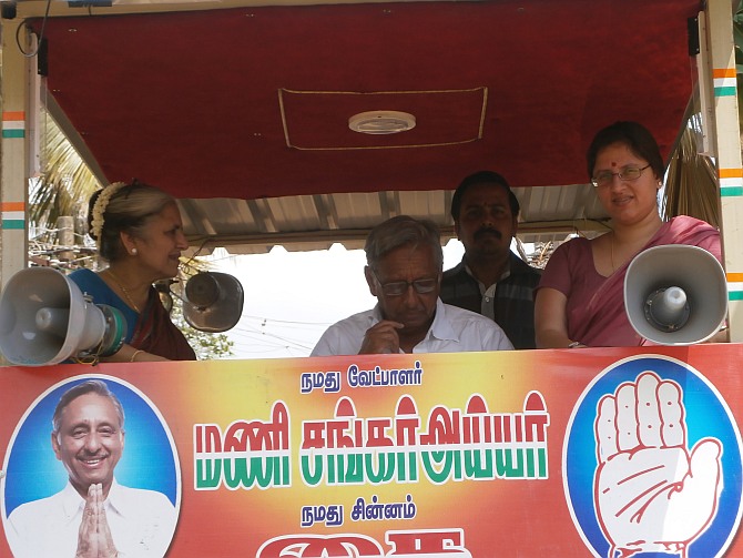 Mani Shankar Aiyar campaigns alomng with his wife, left, and daughter, right.