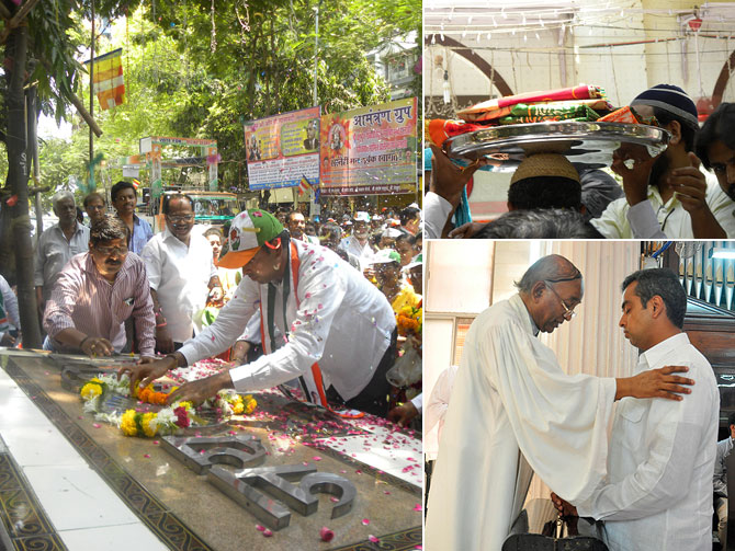 Prayers for every community: Milind Deora at a memorial for Dr Babasaheb Ambedkar (left); Taking a tray into a Colaba dargah on his head (top right); and receiving a blessing in a Byculla church on Easter (right bottom)