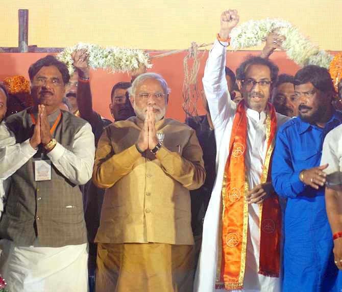 Narendra Modi, Shiv Sena president Uddhav Thackeray, BJP leader Gopinath Munde and RPI chief Ramdas Athawale at the rally on Monday