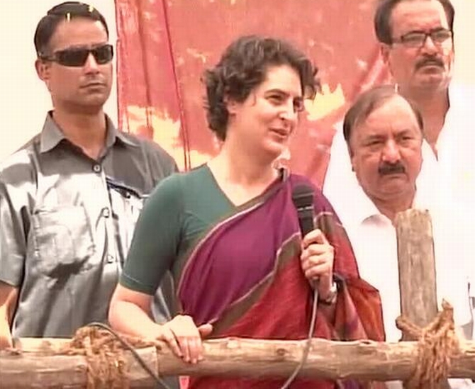 Priyanka Gandhi addresses her supporters during a camapaign in Rae Bareli