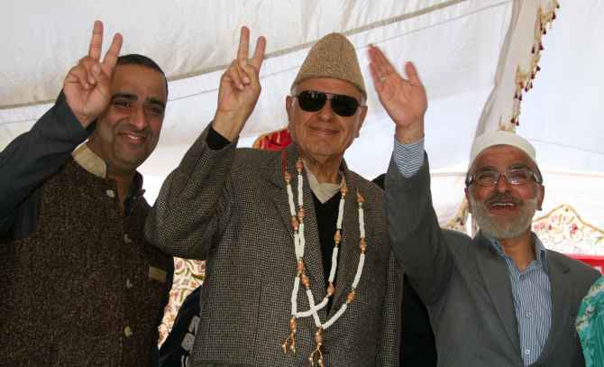 NC's Srinagar candidate and Union minister Farooq Abdullah at the rally on Sunday