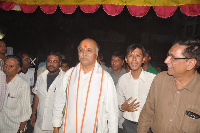 VHP International Working President Dr Pravin Togadia outside a makeshift VHP office in Krishna Nagar on the night of April 19, the day he is alleged to have asked the residents to forcibly take over properties owned by Muslims in Hindu areas without fearing the law.