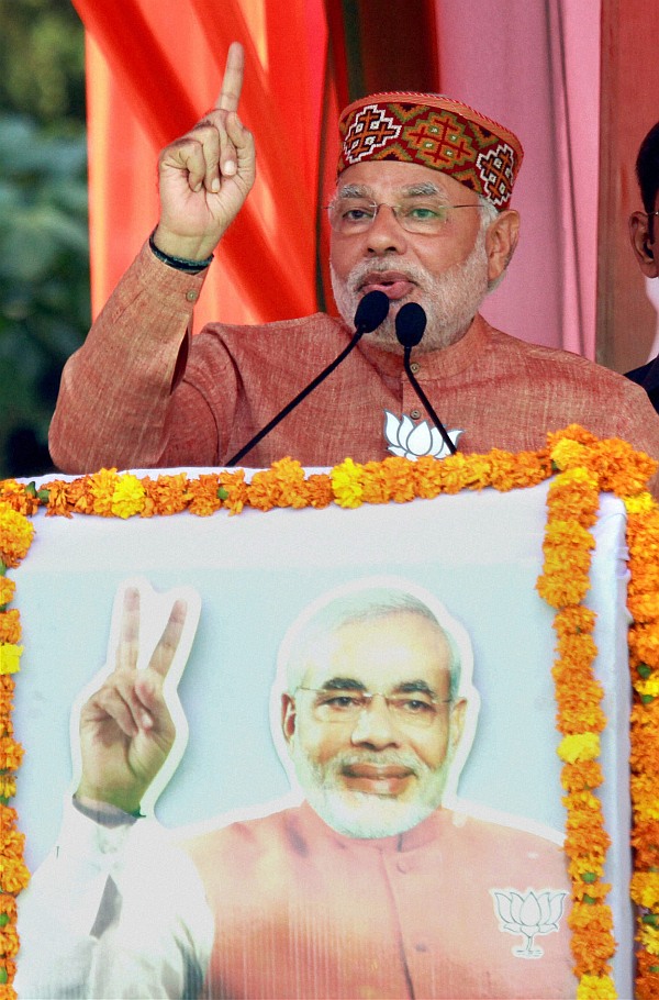 BJP PM candidate Narendra Modi addresses an election rally in Palampur, Himachal Pradesh on Tuesday.