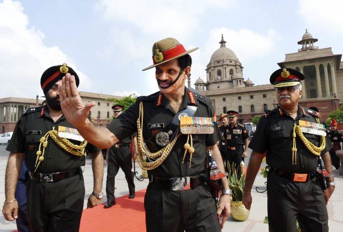 New Army Chief General Dalbir Singh Suhag arrives to inspect a guard of honour at South Block in New Delhi on Friday