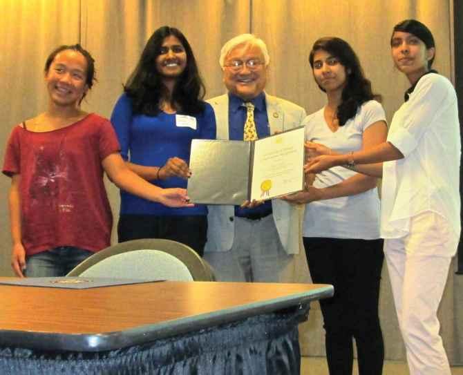 From left, Christine Tung, Sravya Koduri, US Congressman Mike Honda, Amukta Nayak and Shivani Mouleeswaran.