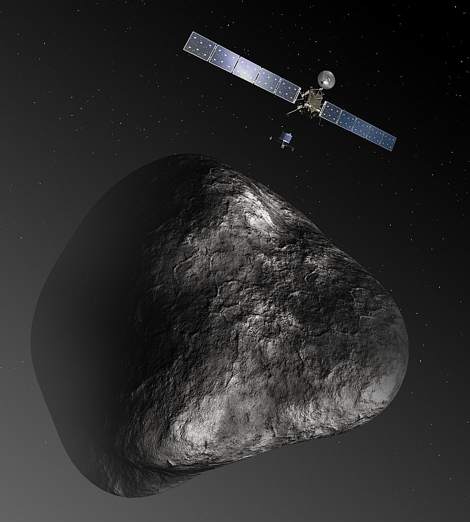 Artist's impression of the Rosetta orbiter deploying the Philae lander to comet 67P/Churyumov-Gerasimenko