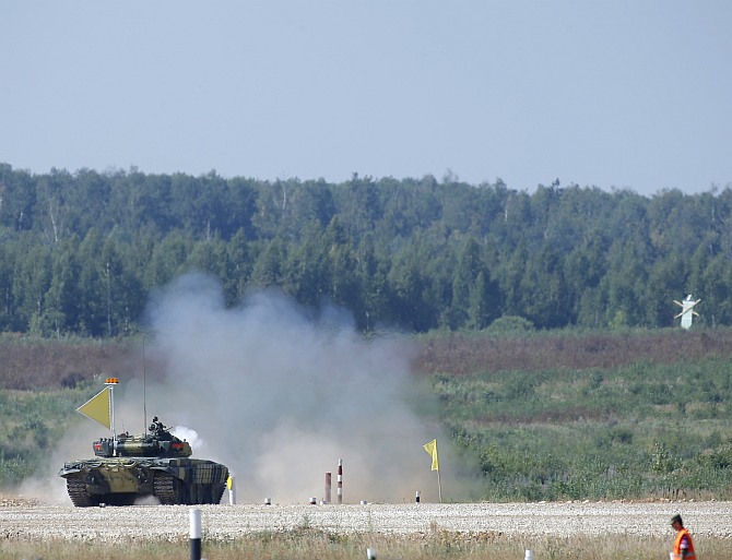 A tank fires at a target on the course of the Tank Biathlon world championship in Alabino