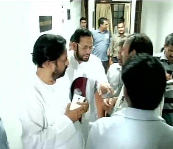 TMC MPs Sudip Bandyopadhyay and Sultan Ahmed outside Parliament room no 5