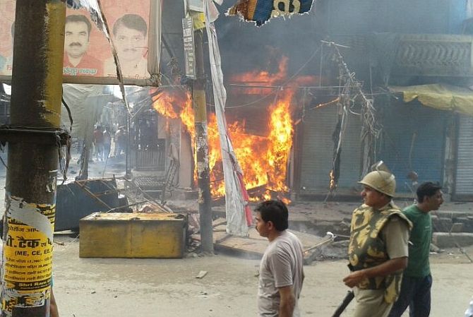 Shops gutted during the recent riots in Saharanpur in Uttar Pradesh. Photograph: Sandeep Pal
