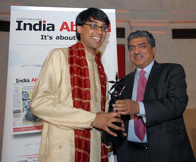 Dr Bhargava, the winner of India Abroad's first Face of the Future Award, with with Infosys co-founder Nandan Nilekani at the India Abroad awards.