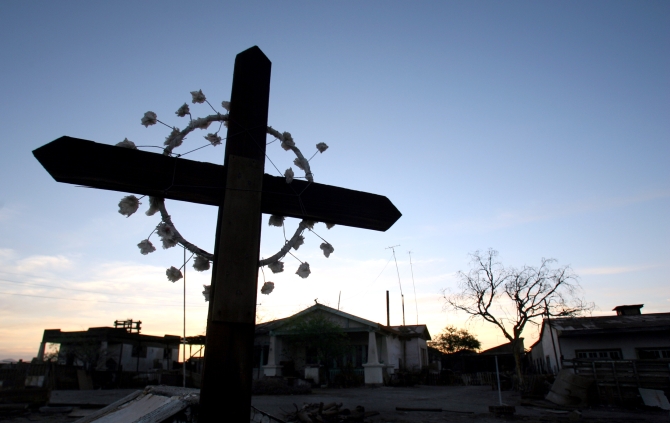A view of a cross inside the abandoned Humberstone`s nitrate town in Chile's Atacama desert near Iquique.