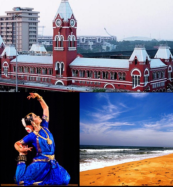(Clockwise from top): Madras Central, Marina Beach and Bharata Natyam recital