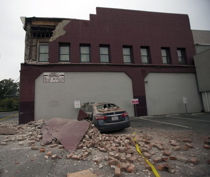 Damage to a downtown building is seen after an earthquake in Napa, California.