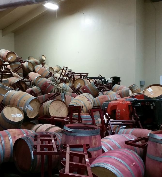 Raj Patel's barrel room after the earthquake. There are 55 plus barrels are  in this room, this is one of three barrel rooms and is the smallest of all three