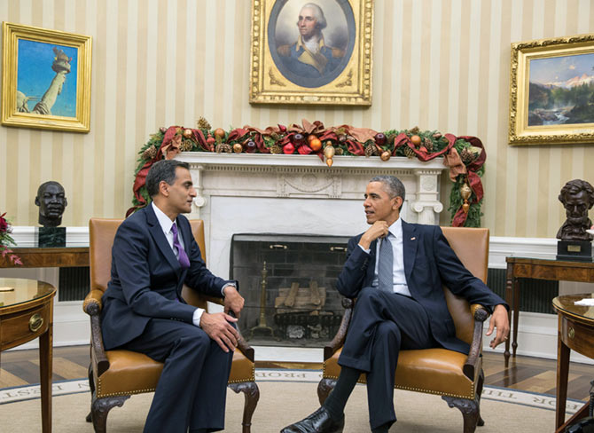 Richard Rahul Verma, the first Indian American to be appointed US Ambassador to India, with President Obama in the White House