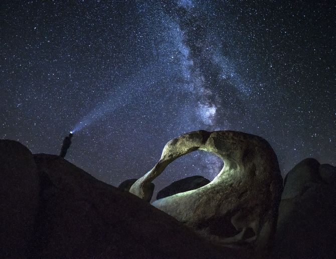 Mobius Arch at Pyhae Luosto National Park at night with Milky Way. The Arch had been illuminated with 2 headlights