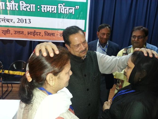 RSS leader Indresh Kumar with Muslim delegates at the Muslim Rashtriya Manch conclave on December 14, 2013..