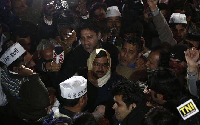 Kejriwal at the AAP headquarters to address his supporters in New Delhi