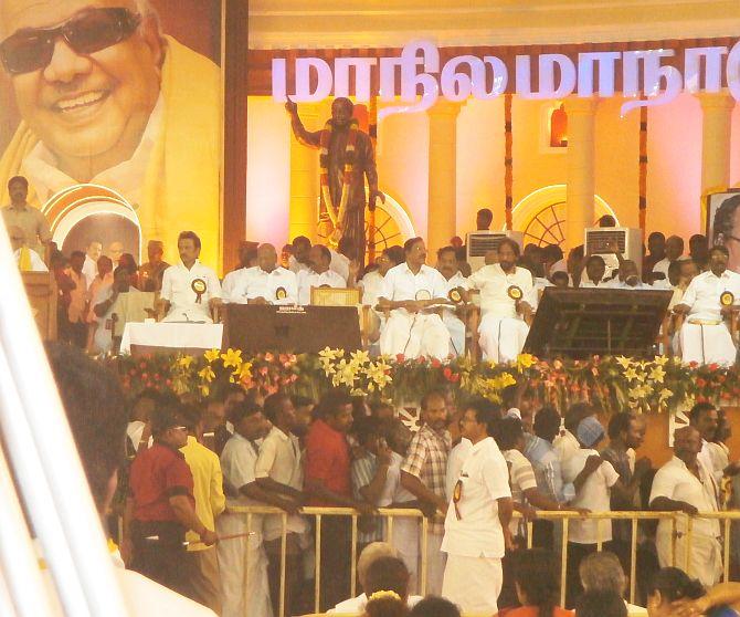 The stage with Karunanidhi dominating the background