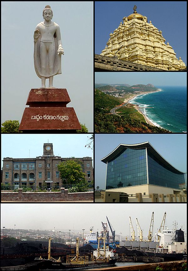Clockwise from top left: Buddha Statue at Appughar, Simhachalam Temple, Bay of Bengal from Kailasagiri, Rajiv Smrithi Bhavan at Beach Road, Visakhapatnam Port, King George Hospital