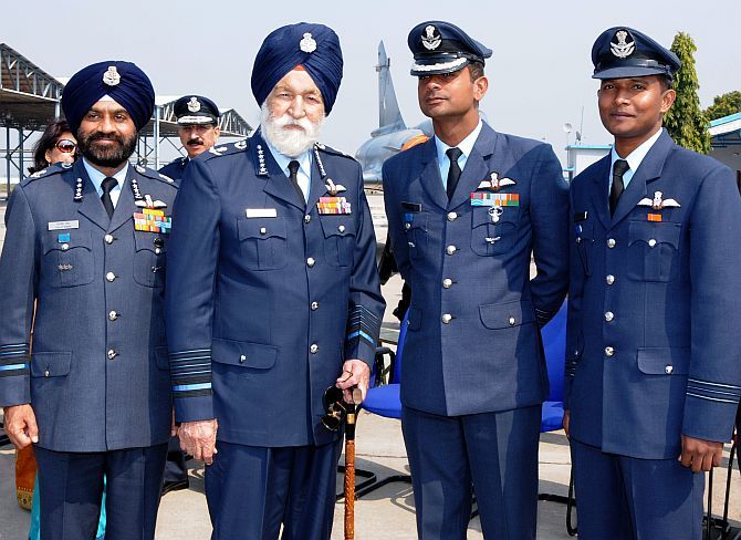 Marshal of the Air Force Arjan Singh with IAF officers