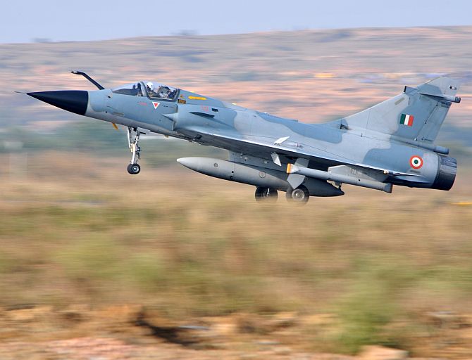 A twin-seater Mirage-2000 takes off from the Air Force Station in Gwalior.