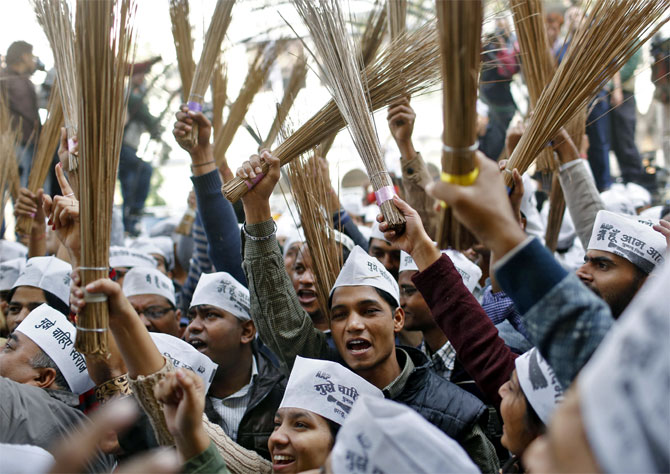 Aam Aadmi supporters in Delhi after the assembly election results last December.