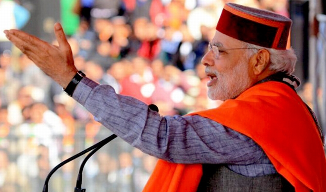 Modi delivers a speech at a rally in Sujanpur Tira, Himachal Pradesh
