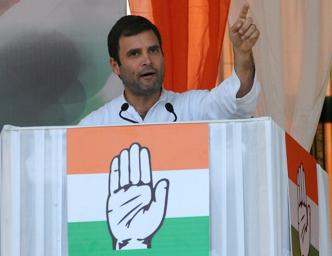 Rahul delivers a speech at a rally in Guwahati