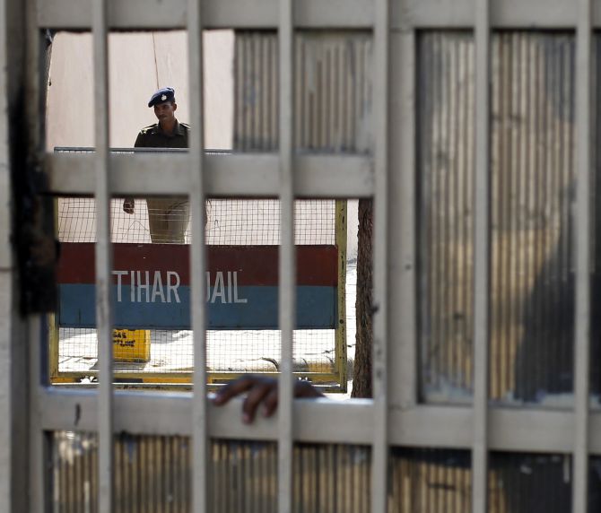 A police guard seen inside the Tihar Jail in New Delhi