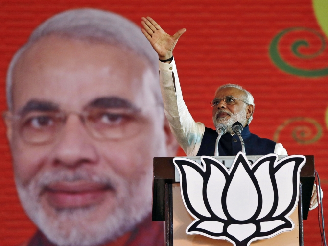 Modi at the BJP's national council meeting at Ramlila ground in New Delhi