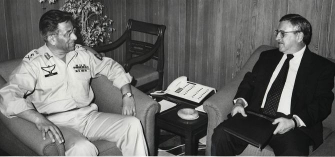 Then Pakistan president General Pervez Musharraf, left, with then US Ambassador to Pakistan William Milam at the army headquarters in Rawalpindi.