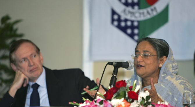 Prime Minister Sheikh Hasina, right, with then US ambassador James Moriarty in Dhaka, December 23, 2008.