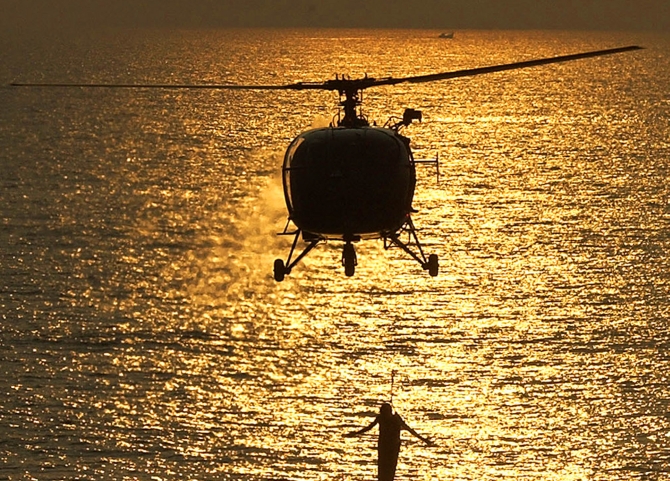 A naval helicopter during an exercise in Kochi.