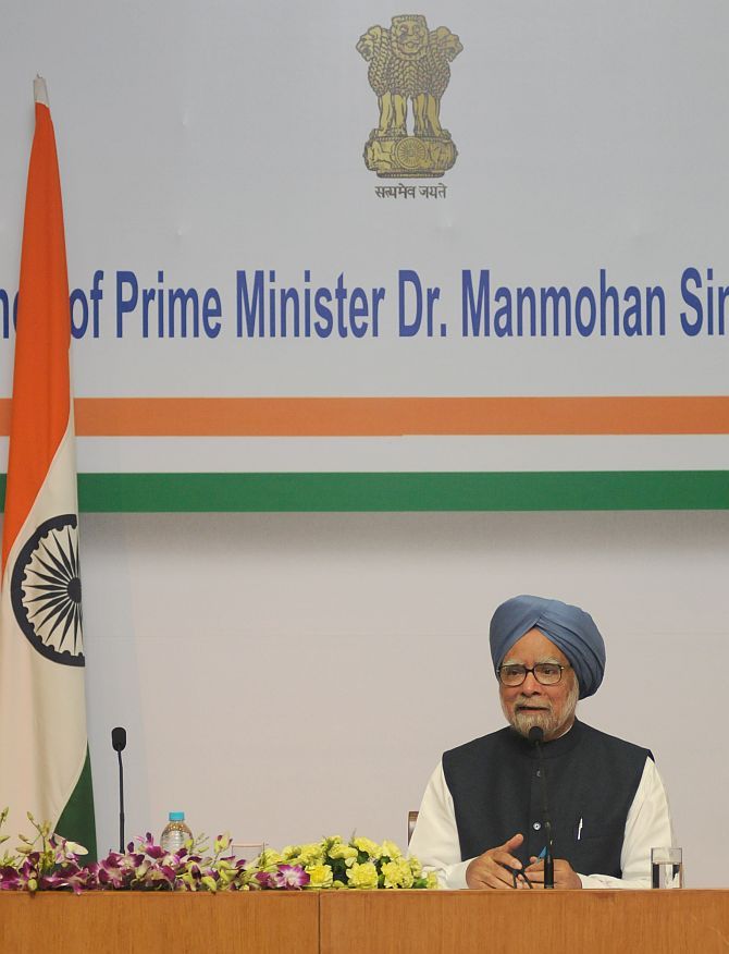 Then prime minister Dr Manmohan Singh addresses a press conference in New Delhi, January 3, 2014. Photograph: Press Information Bureau