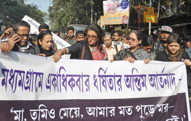 Actress Aparna Sen leads a protest against the rape in Kolkata