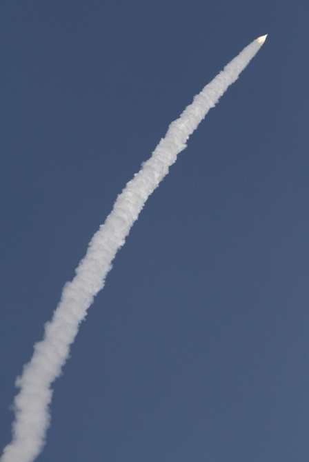 A contrail is seen as India's GSLV-D5 blasts off from the Satish Dhawan space centre at Sriharikota