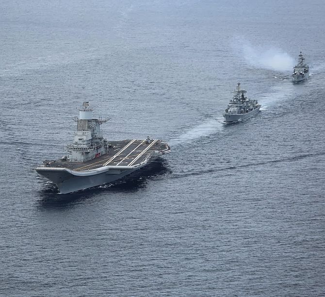 India's largest warship, the aircraft carrier, the INS Vikramaditya, formerly the Russian ship, the Marshal Gorshkov, arrives in Karwar, January 2014.
