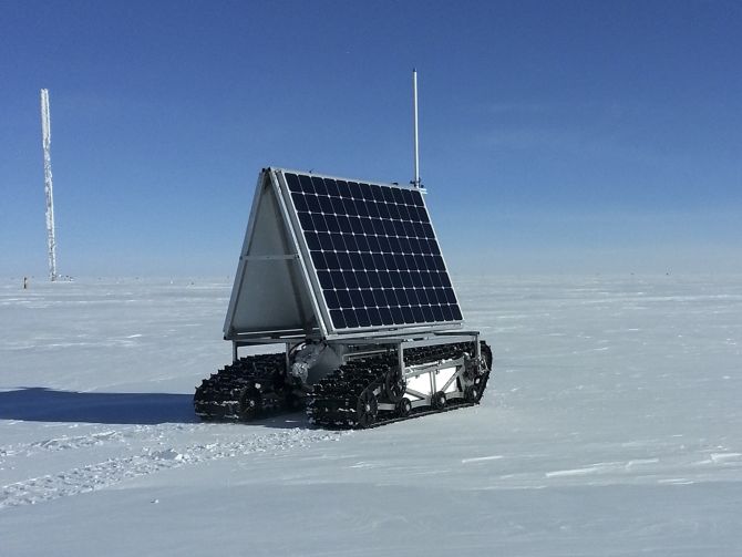 NASA's new Earth-bound rover, GROVER, which stands for both Greenland Rover and Goddard Remotely Operated Vehicle for Exploration and Research, in Summit Camp, the highest spot in Greenland