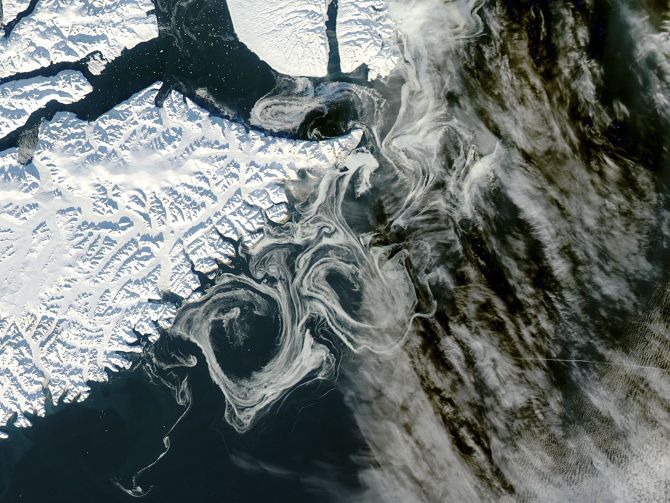 Sea ice of Greenland is pictured as captured by the MODIS instrument on NASA's Aqua satellite