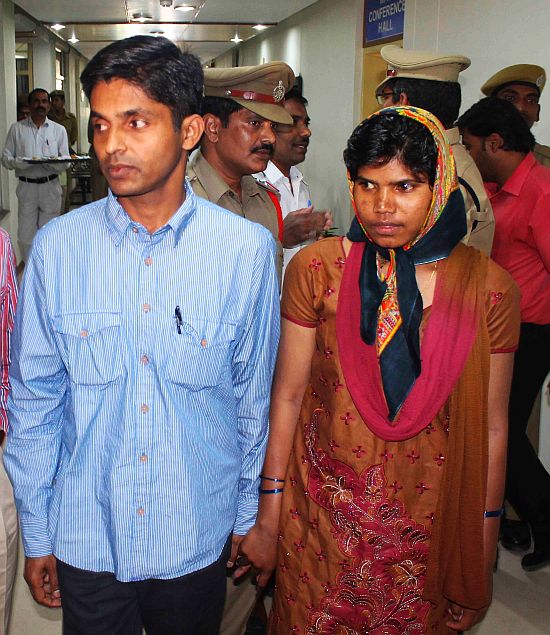 Gudsa Usendi and his wife surrendering before Andhra Pradesh police on Wednesday