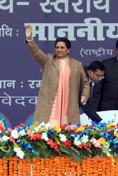 Bahujan Samaj Party chief Mayawati gestures as she address a rally at the Ramabai Ambedkar maidan in Lucknow