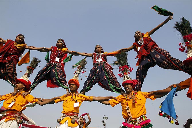 Folk dancers at the international kite festival in Ahmedabad.
