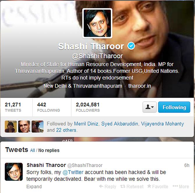 Tharoor's Twitter account hacked, romantic tweets sent to Pak journo