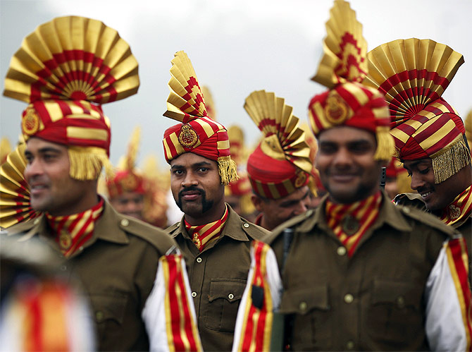Indian soldiers take part in the rehearsal for the Republic Day parade in New Delhi.
